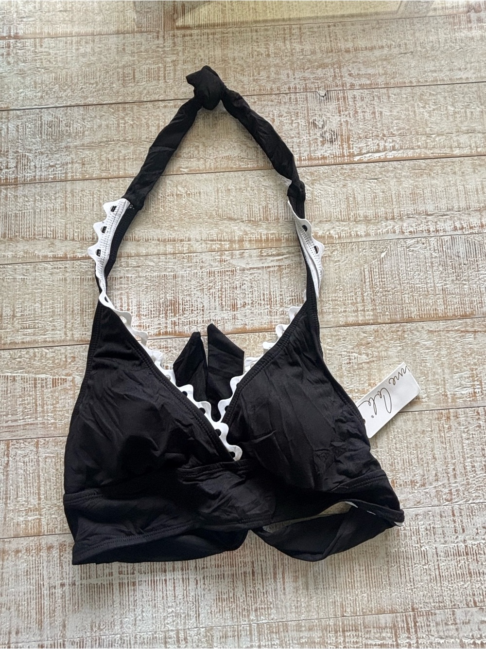 Anne Cole Black Halter Bathing suit with White Scallop Trim